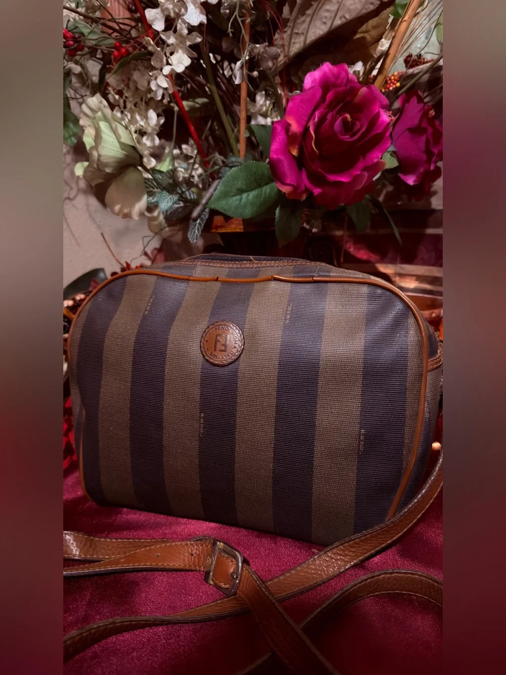 Fendi Striped Messenger Bag in Brown and Black